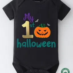 BLUSHES 100% Cotton Halloween Theme Half Sleeves My 1st Halloween Text Printed Onesie - Black-picture-18