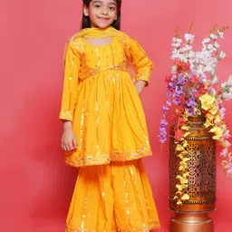 Little Bansi Full Sleeves Striped Foil Printed Kurta With Attached Jacket & Coordinating Sharara & Dupatta Set - Yellow-picture-12