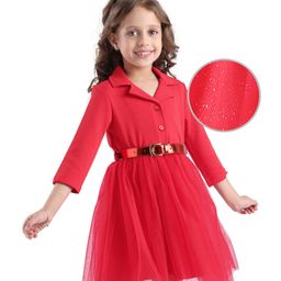 Hola Bonita Knit Full Sleeves In Mesh Fabric Knee Length Collared Dress - Red-picture-10