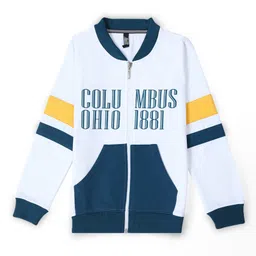 Earth Conscious Fleece Full Sleeves Colour Blocked & Columbus Text Printed Zipper Jacket - White image 1