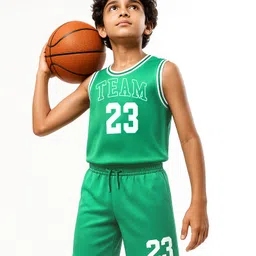 Pine Active Knit Sleeveless Number Printed Basketball T-Shirt & Shorts Set - Green-picture-13