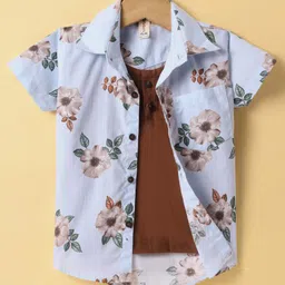 Dapper Dudes Half Sleeves Floral Printed Shirt With Attached Tee - Brown-image-82