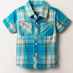 Babyhug Cotton Woven Half Sleeves Checkered Shirt - Teal Blue-picture-13