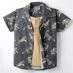 Dapper Dudes Half Sleeves Tiger Printed Shirt With Attached Tee - Dark Grey-image-15