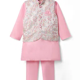 Ridokidz Full Sleeves Solid Kurta & Pyjama With Floral Printed Jacket Set - Baby Pink image 1