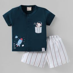 CUCUMBER Sinker Knit Half Sleeves Front Open Shorts Night Suit with Space Theme Print & Stripes - Navy Blue-picture-7