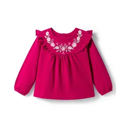Babyhug 100% Cotton Single Jersey Knit Full Sleeves Top with Frill Detailing & Floral Embroidery - Red-picture-35