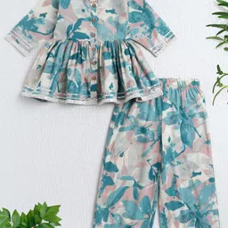 The Magic Wand Cotton Woven Three Fourth Sleeves Floral Printed Gota Lace & Mirror Work Embellished Top & Palazzo Set - Blue-picture-32