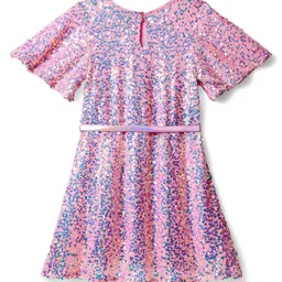 Hola Bonita Short Sleeves All Over Sequin Party Dress With Belt- Pink image 3