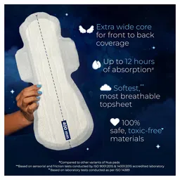 Nua All Night Comfort Sanitary Pads | 50% Wider Back and Anti Stain Wings | Upto 10 hours of Absorption | Super Soft and Breathable | No Rashes | 100% Toxic-Free - Pack of 18 (XXXL 400mm) image 3