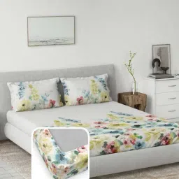 DDecor Yellow Cotton 145TC Floral Print Bedsheet with 2 Pillow Cover-picture-12