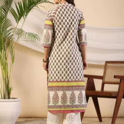 Juniper Women Beige Ethnic Motif Print High Low Cotton Kurta With Kaudis Tassels & Contract Piping image 2