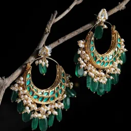 Dugran By Dugristyle Green & White Dangler Earrings with Kundan & Pearls for Women image 2