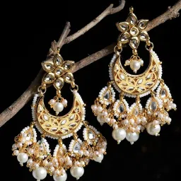 Dugran By Dugristyle Golden & White Dangler Earrings with Kundan & Pearls for Women image 2