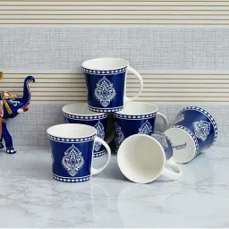 Femora Indian Ceramic Handmade Blue Block Print Tea Cup - 6 pcs, 160 ML - Small Serving image 2