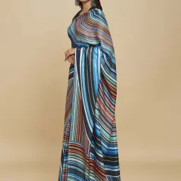 navyasa by liva Blue & Brown Striped Saree With Unstitched Blouse image 2