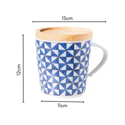Nestasia Eye Catching Triangles in white and blue Printed Ceramic Mug With Wooden Lid (500ml) image 2