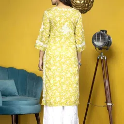 PARAMOUNT CHIKAN Lime Yellow Cotton Chikankari Straight Kurta image 2