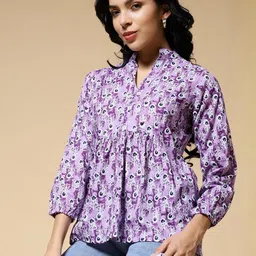 Womenster Women Ethnic Motifs Printed Mandarin Collar Puff Sleeve Cotton A-Line Top-picture-20