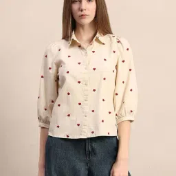 Vero Moda Off White Cotton Regular Fit Embroidered Shirt-image-59
