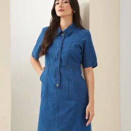 Latin Quarters Blue Solid Denim Dress-picture-18