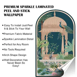 Myntra Elegant Homes Green & Beige Printed Arched Design With Peacock Garden Wall Sticker image 2