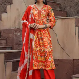 Rain & Rainbow Printed Gotta Patti Pure Cotton A-Line Kurta with Trousers & Dupatta-picture-32