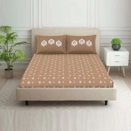 Spaces Ditsy Brown 100% Cotton 144 TC Queen Fitted Bedsheet with 2 Pillow Covers-picture-7