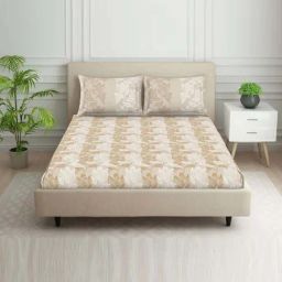 Spaces Tropica Cream 100% Cotton 144 TC Queen Fitted Bedsheet with 2 Pillow Covers-picture-40
