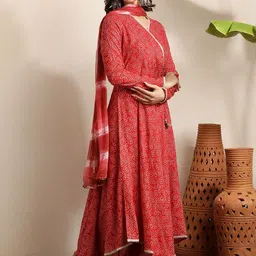 Sangria Bandhani Printed Angrakha Pure Cotton Anarkali Kurta With Trousers & Dupatta image 2