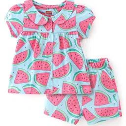 Babyhug Cotton Knit Half Sleeves Night Suit Melon Print - Blue & Pink-image-79