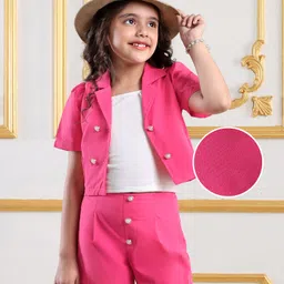 Mark & Mia Half Sleeves Collared Solid Colour Jacket Top & Shorts Set - Dark Pink-picture-14