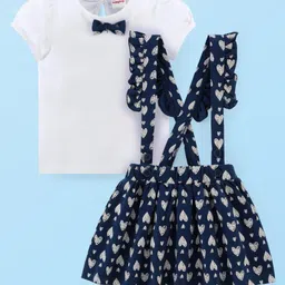 Babyhug Single Jersey Knit Puffed Sleeves Top & Skirt With Bow Applique & Heart Print - Navy Blue & White-picture-11