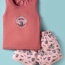 CUCUMBER Sinker Knit Sleeveless Shorts Night Suit With Vehicle Print - Pink-picture-6