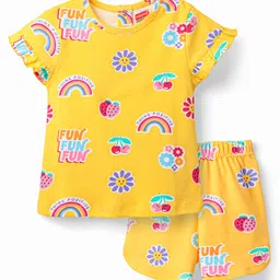 Babyhug Cotton Knit Half Sleeves Co-ords Short Night Suit With Floral Print - Yellow image 1
