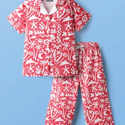 Pine Kids Single Jersey Knit Half Sleeves Co-ords Capri Night Suit With Tropical Theme Print - Red-picture-14