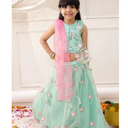 KID1 Net Woven Sleeveless Floral Embroidered & Sequins Embellished Coordinating Lehenga Choli With Dupatta Set - Green-picture-26