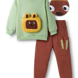 Mark & Mia Full Sleeves Winter Wear T-Shirt & Joggers Set with Pouch & Bear Applique - Brown & Light Green-picture-22
