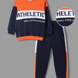 OLLINGTON ST. Cotton Knit Color Block Full Sleeves Sweatshirt & Knit Joggers - Navy & Orange-picture-22