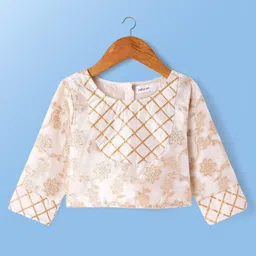 Babyoye Cotton Woven Three Fourth Sleeves Lehenga Choli Set With Floral Embroidery Lace Detailing & Dupatta -White & Gold image 2