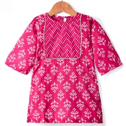 Babyhug Cotton Woven Three Fourth Sleeves Kurta & Churidar with Dupatta Floral Print - Dark Pink image 2
