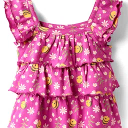 Babyhug Single Jersey Knit Frill Sleeves Co-ords Layered Top & Shorts Set with Floral Print & Bow Applique - Dark Pink image 2