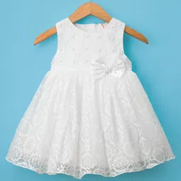 Babyhug Woven Sleeveless Lace Baptism Party Dress with Headband Booties & Pearl Detailing - White image 2