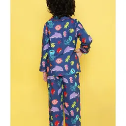 Knitting Doodles Premium Cotton Full Sleeves Sea Animals Printed Coordinating Night Suit - Blue image 4