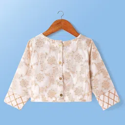 Babyoye Cotton Woven Three Fourth Sleeves Lehenga Choli Set With Floral Embroidery Lace Detailing & Dupatta -White & Gold image 3