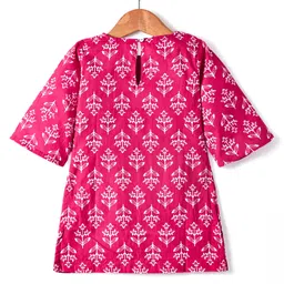 Babyhug Cotton Woven Three Fourth Sleeves Kurta & Churidar with Dupatta Floral Print - Dark Pink image 3