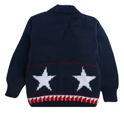 Little Angels Woollen Knit Full Sleeves Stars Designed Sweater With Cap & Booties - Navy image 4