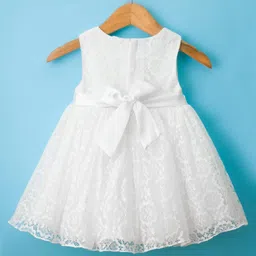 Babyhug Woven Sleeveless Lace Baptism Party Dress with Headband Booties & Pearl Detailing - White image 3