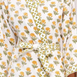 POORAK Yellow Floral Printed Tie-Ups Knee Length Cotton Bath Robe image 2