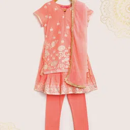 Biba Girls Peach-Coloured & Golden Printed Layered Kurta with Leggings & Dupatta-picture-15